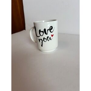 White‎ Ceramic Coffee Mug Love You Heart Black Script Design